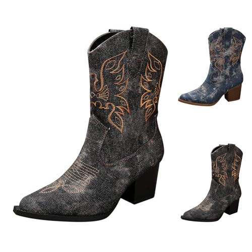MJGkhiy Texani Damenstiefel Leder Stiefel mit Blockabsatz Wildleder Winterstiefel Cowboy Stiefeletten Spitze Braun Western Stiefel Camperos Boots Bequem, Schwarz , 35 EU von MJGkhiy