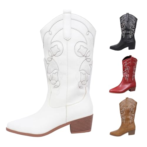 MJGkhiy Texani Damenstiefel Leder Stiefeletten mit Blockabsatz Western Winterstiefel Wildleder Boots Braun Camperos Stiefel Cowboy Stiefeletten Schwarz, Weiß, 41 EU von MJGkhiy