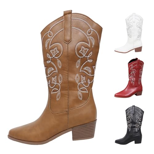 MJGkhiy Texani Damenstiefel Leder Stiefeletten mit Blockabsatz Western Winterstiefel Wildleder Boots Braun Camperos Stiefel Cowboy Stiefeletten Schwarz, braun, 37 EU von MJGkhiy