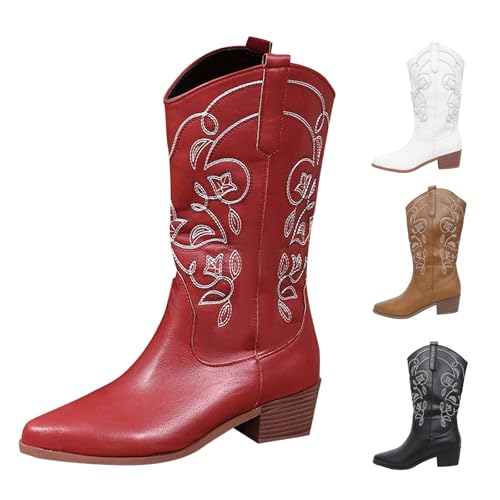 MJGkhiy Texani Damenstiefel Leder Stiefeletten mit Blockabsatz Western Winterstiefel Wildleder Boots Braun Camperos Stiefel Cowboy Stiefeletten Schwarz, rot, 42 EU von MJGkhiy