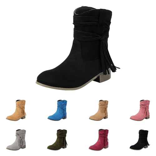 MJGkhiy Texani Damenstiefel Leder Stiefeletten mit Blockabsatz Wildleder Spitzstiefel Winter Western Boots Schwarz Camperos Stiefel Cowboy Stiefel Braun, Schwarz , 35 EU von MJGkhiy