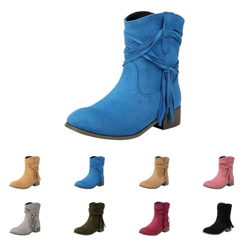 MJGkhiy Texani Damenstiefel Leder Stiefeletten mit Blockabsatz Wildleder Spitzstiefel Winter Western Boots Schwarz Camperos Stiefel Cowboy Stiefel Braun, blau, 35 EU von MJGkhiy