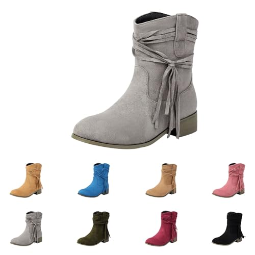 MJGkhiy Texani Damenstiefel Leder Stiefeletten mit Blockabsatz Wildleder Spitzstiefel Winter Western Boots Schwarz Camperos Stiefel Cowboy Stiefel Braun, grau, 35 EU von MJGkhiy