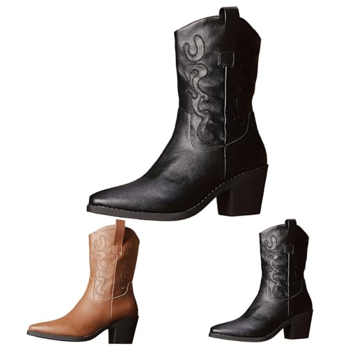 MJGkhiy Texani Damenstiefel Wildleder Boots mit Blockabsatz Leder Stiefeletten Spitze Winter Western Bequeme Stiefeletten Camperos Stiefel Cowboy Stiefel Braun, Schwarz , 40 EU von MJGkhiy
