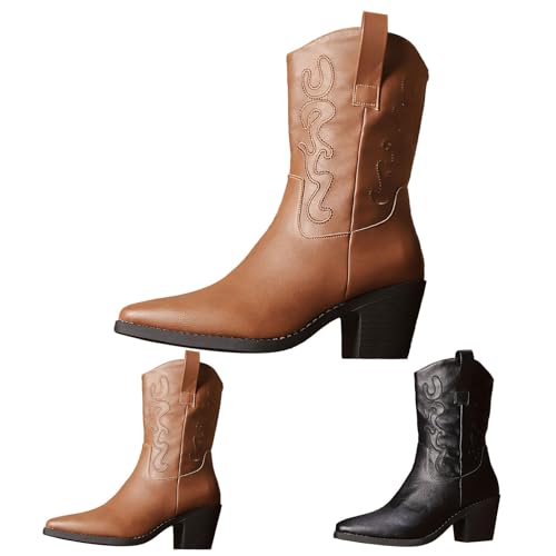 MJGkhiy Texani Damenstiefel Wildleder Boots mit Blockabsatz Leder Stiefeletten Spitze Winter Western Bequeme Stiefeletten Camperos Stiefel Cowboy Stiefel Braun, braun, 41 EU von MJGkhiy