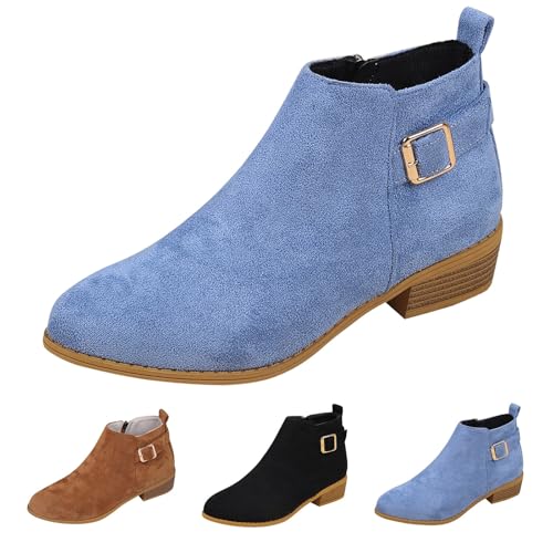 MJGkhiy Texani Stiefel Damen Flach Chelsea Stiefel Schwarz Cowboy Stiefeletten mit Blockabsatz Winter Western Stiefeletten Wildleder Braun Camperos Boots Ankle mit Reißverschluss, Himmelblau, 40 EU von MJGkhiy