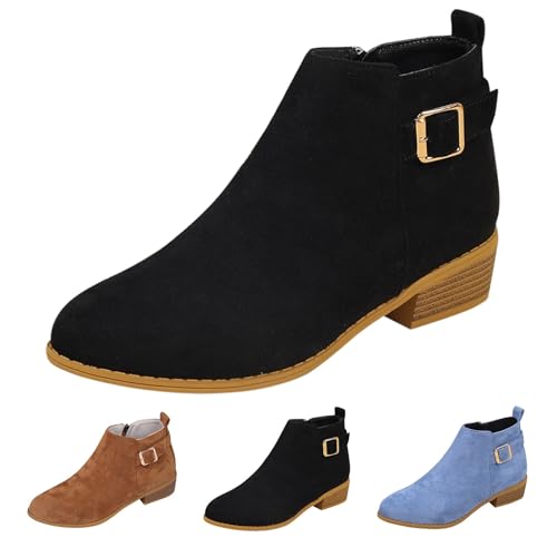 MJGkhiy Texani Stiefel Damen Flach Chelsea Stiefel Schwarz Cowboy Stiefeletten mit Blockabsatz Winter Western Stiefeletten Wildleder Braun Camperos Boots Ankle mit Reißverschluss, Schwarz , 42 EU von MJGkhiy