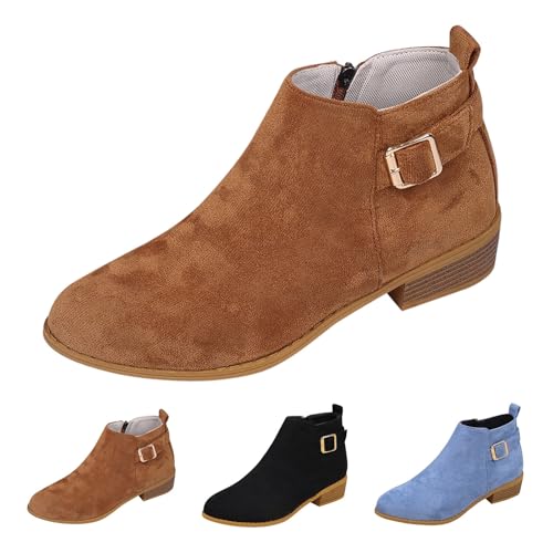 MJGkhiy Texani Stiefel Damen Flach Chelsea Stiefel Schwarz Cowboy Stiefeletten mit Blockabsatz Winter Western Stiefeletten Wildleder Braun Camperos Boots Ankle mit Reißverschluss, braun, 42 EU von MJGkhiy
