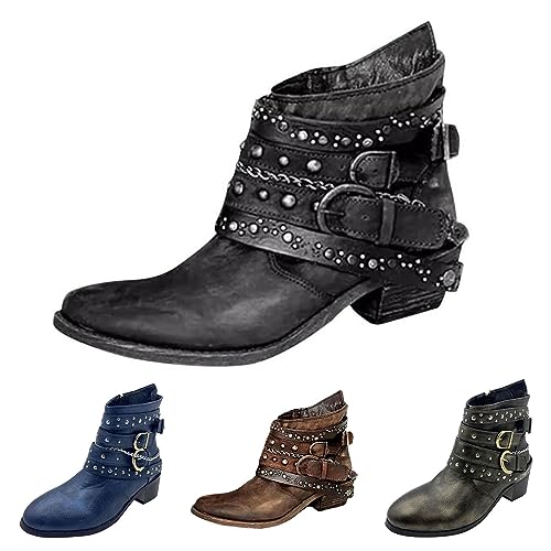 MJGkhiy Texani Stiefel Damen Flache Leder Chelsea Boots Winter Cowboy Stiefeletten mit Blockabsatz Braun Camperos Stiefel Schwarz Westernstiefel Biker, Schwarz , 41 EU von MJGkhiy