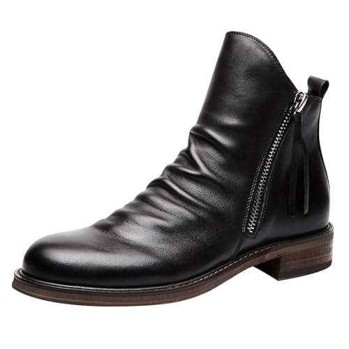 MJGkhiy Texani Stiefel Damen Niedrig Camperos Stiefeletten Spitze Schwarz Leder Chelsea Stiefeletten mit braunem Absatz Western Boots Ankle Winter Biker Cowboy Stiefel mit Reißverschluss, Schwarz , 46 von MJGkhiy