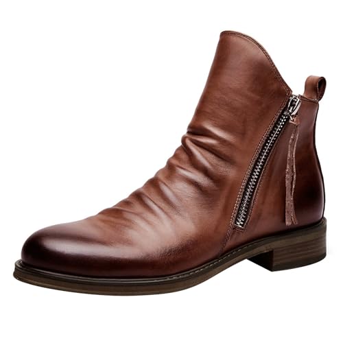 MJGkhiy Texani Stiefel Damen Niedrig Camperos Stiefeletten Spitze Schwarz Leder Chelsea Stiefeletten mit braunem Absatz Western Boots Ankle Winter Biker Cowboy Stiefel mit Reißverschluss, braun, 41 EU von MJGkhiy