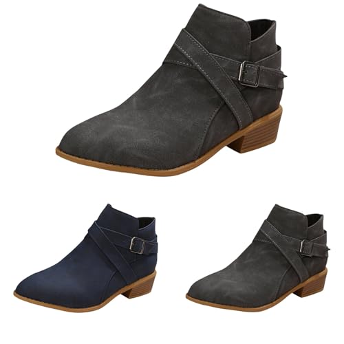 MJGkhiy Texani Stiefel Damen Niedrig Camperos Stiefeletten Wildleder Schwarz Cowboy Boots mit braunem Absatz Western Stiefel mit Spitze Winter Chelsea Stiefeletten mit Reißverschluss, grau, 39 EU von MJGkhiy