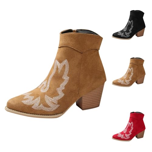MJGkhiy Texani Stiefel Damen Niedrig Cowboy Stiefel Wildleder Schwarz Westernstiefel mit Blockabsatz Winter Chelsea Stiefeletten mit brauner Spitze Camperos Stiefeletten mit Reißverschluss, braun, 43 von MJGkhiy