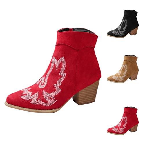 MJGkhiy Texani Stiefel Damen Niedrig Cowboy Stiefel Wildleder Schwarz Westernstiefel mit Blockabsatz Winter Chelsea Stiefeletten mit brauner Spitze Camperos Stiefeletten mit Reißverschluss, rot, 39 EU von MJGkhiy