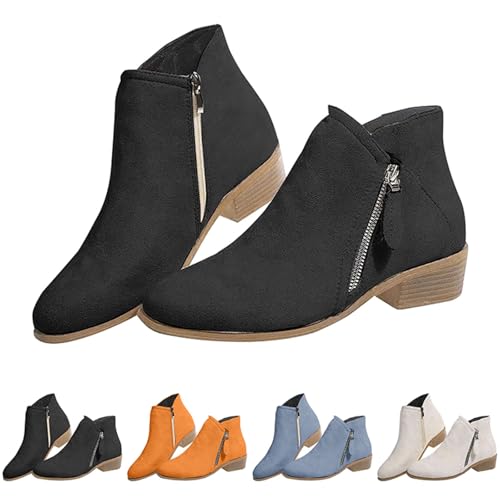 MJGkhiy Texani Stiefel Damen Niedrig Western Boots Wildleder Braun Cowboy Stiefeletten mit Absatz Schwarz Chelsea Stiefel mit Reißverschluss Winter Camperos Ankle, Schwarz , 36 EU von MJGkhiy