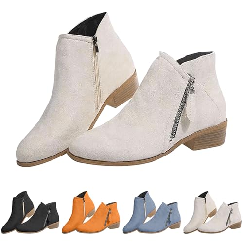 MJGkhiy Texani Stiefel Damen Niedrig Western Boots Wildleder Braun Cowboy Stiefeletten mit Absatz Schwarz Chelsea Stiefel mit Reißverschluss Winter Camperos Ankle, Weiß, 42 EU von MJGkhiy