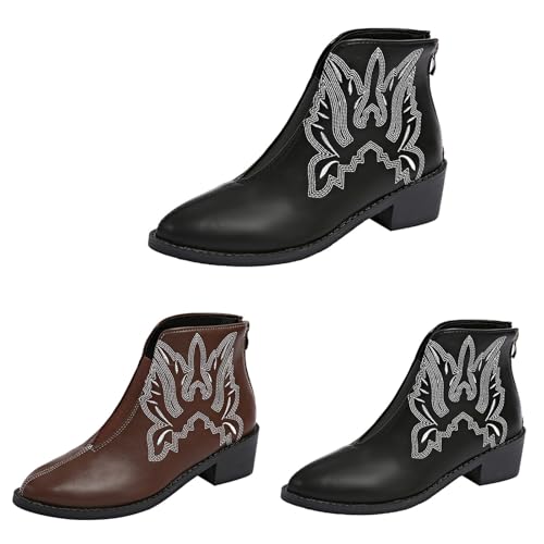MJGkhiy Texani Stiefel Damen Niedrig Western Boots Winter Leder Cowboy Stiefeletten mit Absatz Schwarz Chelsea Stiefeletten Spitze Braun Camperos Stiefel mit Reißverschluss, Schwarz , 39 EU von MJGkhiy