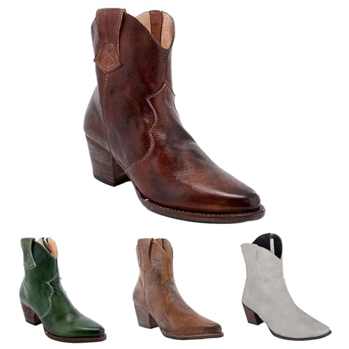 MJGkhiy Texani Stiefel Damen Niedrig Western Stiefeletten Leder Braun Chelsea Stiefeletten mit Blockabsatz Winter Cowboy Boots Schwarz Camperos Stiefel mit Spitze, Kaffee, 42 EU von MJGkhiy