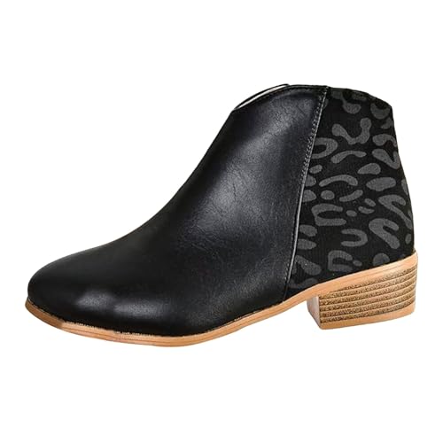 MJGkhiy Texani Stiefel Damen Niedrig Western Stiefeletten Spitze Braun Camperos Stiefeletten mit Blockabsatz Schwarz Cowboy Boots Ankle Winter Chelsea Stiefel mit Reißverschluss, Schwarz , 39 EU von MJGkhiy