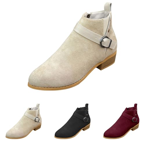 MJGkhiy Texani Stiefel Damen Niedrig Westernstiefel Wildleder Winter Chelsea Stiefeletten mit Blockabsatz Schwarz Ankle Boots Cowboy Braun Camperos Stiefel mit Reißverschluss, beige, 41 EU von MJGkhiy