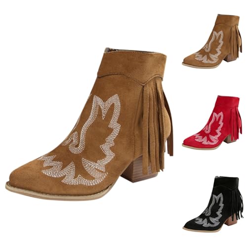 MJGkhiy Texani Stiefel für Damen, flach, Chelsea-Stiefel, Wildleder, Schwarz, Western Boots, mit Blockabsatz, braun, Cowboy, Winterstiefel, Camperos, Stiefel mit Fransen und Reißverschluss, braun, 40 von MJGkhiy