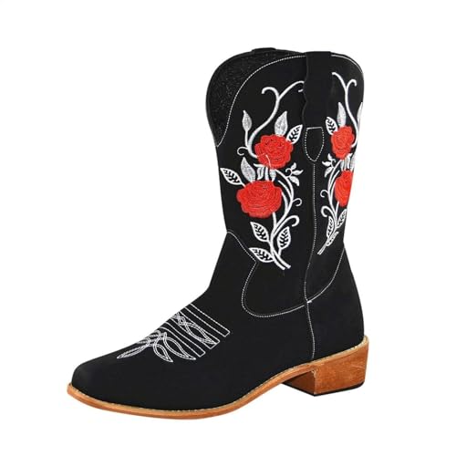 MJGkhiy Texani Western Damenstiefel Stiefeletten mit Absatz Leder Stiefel Spitze Bequeme Cowboy Winterstiefel Camperos Boots Wildleder Stiefeletten Braun, Schwarz , 37 EU von MJGkhiy