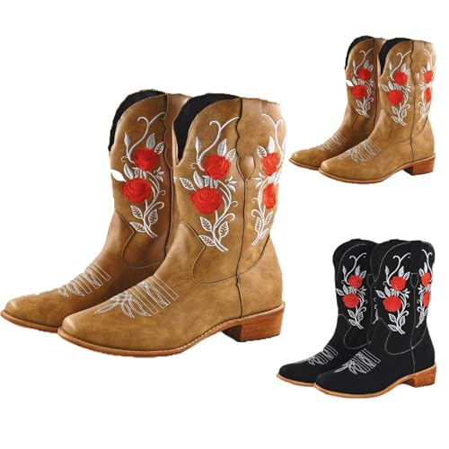 MJGkhiy Texani Western Damenstiefel Stiefeletten mit Absatz Leder Stiefel Spitze Bequeme Cowboy Winterstiefel Camperos Boots Wildleder Stiefeletten Braun, braun, 40 EU von MJGkhiy