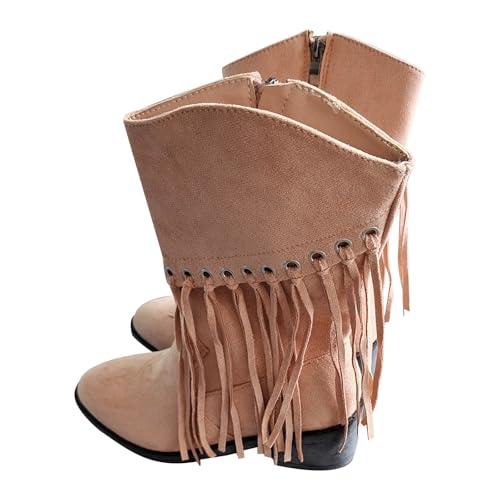 MJGkhiy Texani Western Damenstiefel Stiefeletten mit Blockabsatz Camperos Stiefel mit Fransen Bequeme Cowboy Boots Schwarz Wildleder Stiefeletten Spitze Winterstiefel, Khaki, 43 EU von MJGkhiy