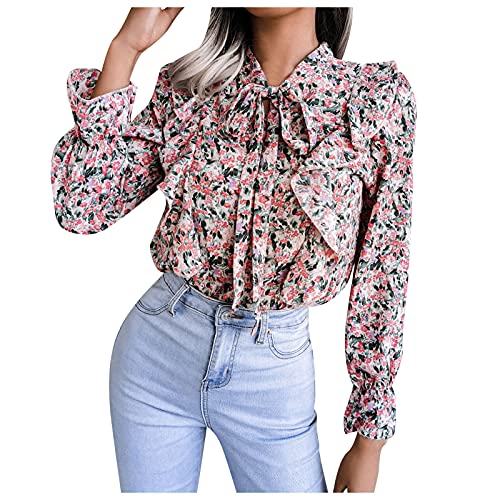 MJGkhiy Töpfe Blumen Frauen Mode lockere Bluse Langarm-Hemd im Druck Einer Damenbluse Bluse Schleife von MJGkhiy