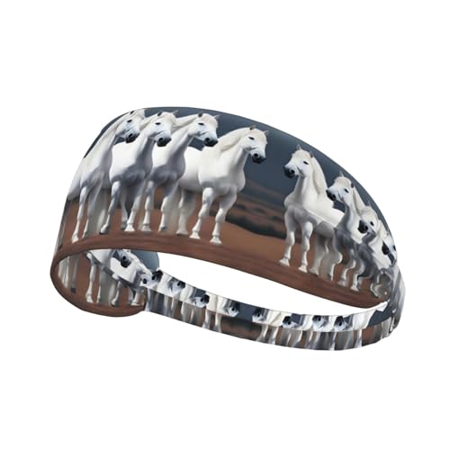 Elastisches Sport-Stirnband, Haarband, MJHKXLJ mit weißen Pferden, bedruckt, Spandex, weich, atmungsaktiv, schnell trocknend von MJHKXLJ