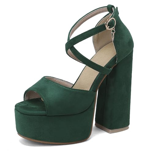 MJIASIAWA 14.5CM Chunky High Sandalen Damen Peep Toe Plateau Sandals Schnalle Knöchelriemchen Party Hochzeit Block Grün Gr 35 EU von MJIASIAWA
