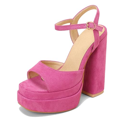 MJIASIAWA 14.5CM Chunky High Sandalen Damen Peep Toe Plateau Sandals Schnalle Knöchelriemchen Party Hochzeit Block Rose-Rot Gr 38 EU/39 Asiatisch von MJIASIAWA