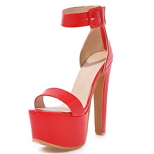 MJIASIAWA 16CM High Sandalen Damen Lack Plateau Sandals Offene Zeh Nachtclub Poledance Knöchelriemchen Block Rot Gr 33 EU von MJIASIAWA