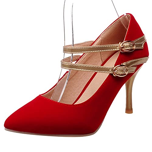 MJIASIAWA Abend Kleid Heel Damen Knöchelriemchen Pointed Toe Pumps Elegant Formal Stiletto Höhe Ferse Pumps Party Rot Gr 45 EU/47 Asiatisch von MJIASIAWA