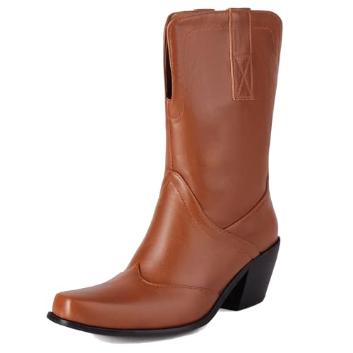 MJIASIAWA Blockabsatz Cowboystiefel Damen Pointed Toe Winter Draußen Ohne Verschluss Vintage Western Halbschaft Western Stiefeletten Braun Gr 35 EU von MJIASIAWA