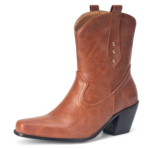 MJIASIAWA Blockabsatz Cowboystiefel Damen Pointed Toe Winter Draußen Ohne Verschluss Vintage Western Halbschaft Western Stiefeletten Braun Gr 36.5 EU/37 Asiatisch von MJIASIAWA