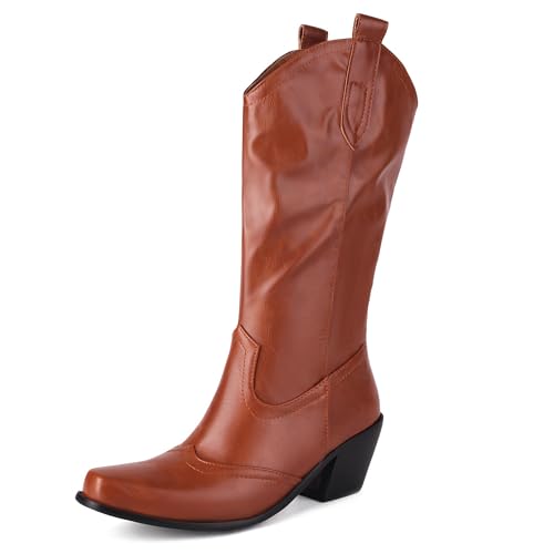 MJIASIAWA Blockabsatz Cowboystiefel Damen Pointed Toe Winter Draußen Ohne Verschluss Vintage Western Halbschaft Western Stiefeletten Braun Gr 38 EU/39 Asiatisch von MJIASIAWA