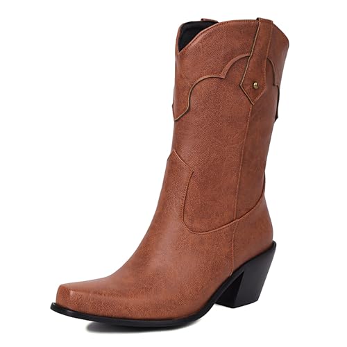MJIASIAWA Blockabsatz Cowboystiefel Damen Pointed Toe Winter Draußen Ohne Verschluss Vintage Western Halbschaft Western Stiefeletten Braun Gr 46 EU/48 Asiatisch von MJIASIAWA