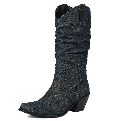 MJIASIAWA Blockabsatz Cowboystiefel Damen Pointed Toe Winter Draußen Ohne Verschluss Vintage Western Halbschaft Western Stiefeletten Dark-Blau Gr 42 EU/44 Asiatisch von MJIASIAWA