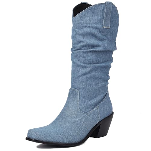MJIASIAWA Blockabsatz Cowboystiefel Damen Pointed Toe Winter Draußen Ohne Verschluss Vintage Western Halbschaft Western Stiefeletten Light-Blau Gr 44 EU/46 Asiatisch von MJIASIAWA