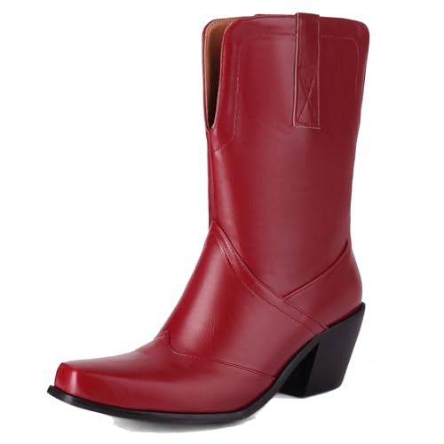 MJIASIAWA Blockabsatz Cowboystiefel Damen Pointed Toe Winter Draußen Ohne Verschluss Vintage Western Halbschaft Western Stiefeletten Rotwein Gr 34 EU von MJIASIAWA