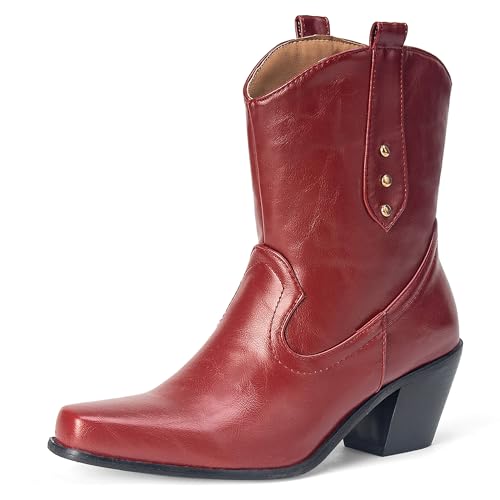 MJIASIAWA Blockabsatz Cowboystiefel Damen Pointed Toe Winter Draußen Ohne Verschluss Vintage Western Halbschaft Western Stiefeletten Rotwein Gr 39 EU/40 Asiatisch von MJIASIAWA