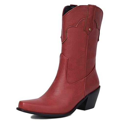 MJIASIAWA Blockabsatz Cowboystiefel Damen Pointed Toe Winter Draußen Ohne Verschluss Vintage Western Halbschaft Western Stiefeletten Rotwein Gr 43 EU/45 Asiatisch von MJIASIAWA
