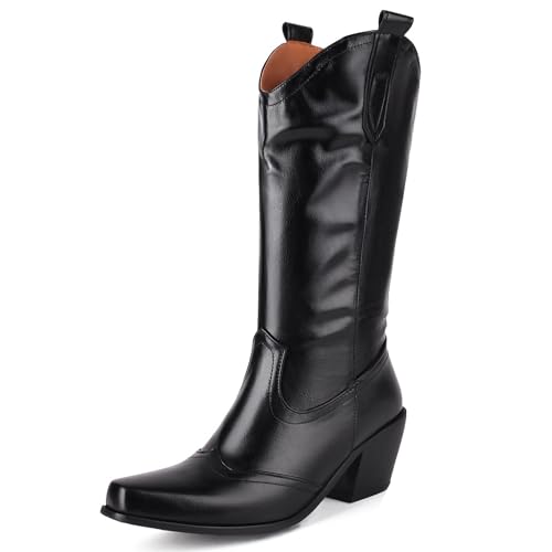 MJIASIAWA Blockabsatz Cowboystiefel Damen Pointed Toe Winter Draußen Ohne Verschluss Vintage Western Halbschaft Western Stiefeletten Schwarz Gr 34 EU von MJIASIAWA