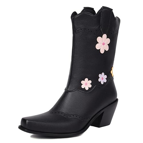 MJIASIAWA Blockabsatz Cowboystiefel Damen Pointed Toe Winter Draußen Ohne Verschluss Vintage Western Halbschaft Western Stiefeletten Schwarz Gr 35 EU von MJIASIAWA