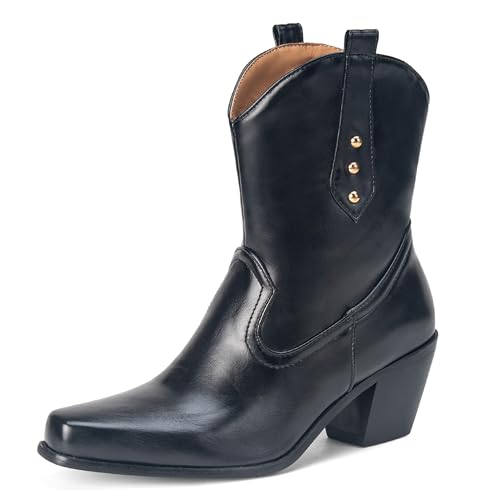 MJIASIAWA Blockabsatz Cowboystiefel Damen Pointed Toe Winter Draußen Ohne Verschluss Vintage Western Halbschaft Western Stiefeletten Schwarz Gr 38 EU/39 Asiatisch von MJIASIAWA