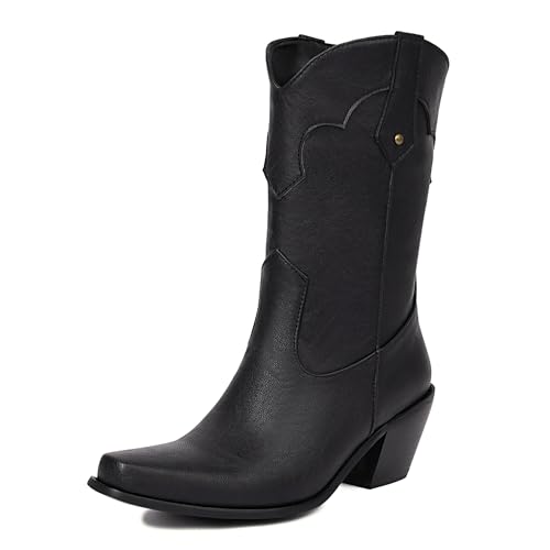 MJIASIAWA Blockabsatz Cowboystiefel Damen Pointed Toe Winter Draußen Ohne Verschluss Vintage Western Halbschaft Western Stiefeletten Schwarz Gr 41 EU/43 Asiatisch von MJIASIAWA