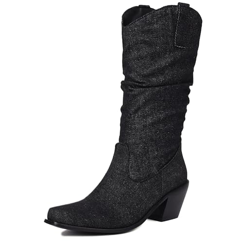 MJIASIAWA Blockabsatz Cowboystiefel Damen Pointed Toe Winter Draußen Ohne Verschluss Vintage Western Halbschaft Western Stiefeletten Schwarz Gr 43 EU/45 Asiatisch von MJIASIAWA