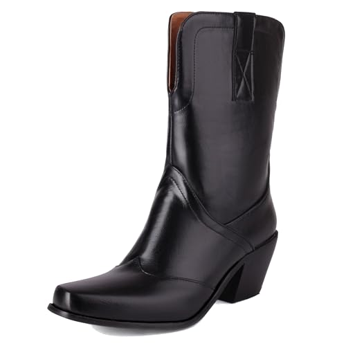 MJIASIAWA Blockabsatz Cowboystiefel Damen Pointed Toe Winter Draußen Ohne Verschluss Vintage Western Halbschaft Western Stiefeletten Schwarz Gr 44 EU/46 Asiatisch von MJIASIAWA
