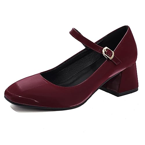 MJIASIAWA Blockabsatz Mary Jane Damen Knöchelriemchen Square Toe Schuhe Weit Fit Vintage Hochzeit Comfy Pumps Closed Toe Rotwein Gr 44 EU/46Cn Asiatisch von MJIASIAWA